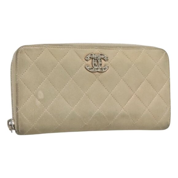 CHANEL Matelasse Long Wallet Suede Beige Silver CC Auth 130516 - Picture 1 of 16